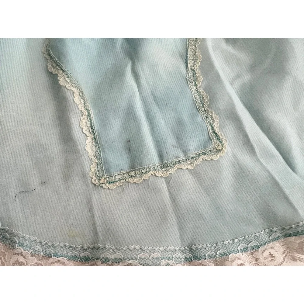 Vintage Light Blue Sheer Half Apron White Lace Trim Pocket Retro Mid Century